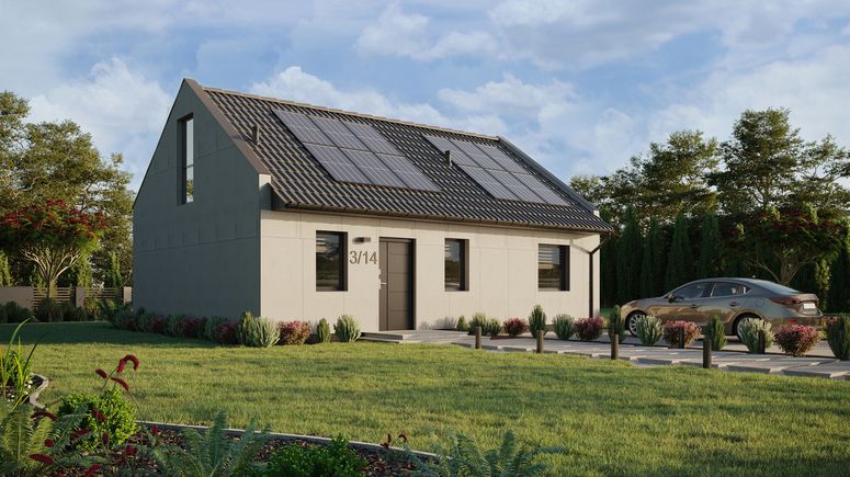 Projekt ERDOL 1 XL - Wersja prawa (salon po prawej stronie) - Dwuspadowy nowoczesny z poddaszem użytkowym – kąt nachylenia 35 stopni - Schody w salonie - Bez okien/świetlików dachowych - Okna na poddaszu do podłogi - Bez styropianu, siatki i kleju - Antracyt - Instalacja fotowoltaiczna 4,8 kWp (12 paneli)