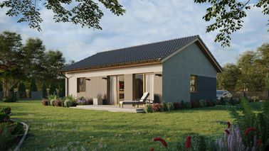 Projekt ERDOL 1 XL - Wersja lewa (salon po lewej stronie) - Dwuspadowy bez poddasza użytkowego – kąt nachylenia 25 stopni - Bez okien/świetlików dachowych - Okna standardowe - Styropian, siatka i klej - Winchester - Bez instalacji fotowoltaicznej