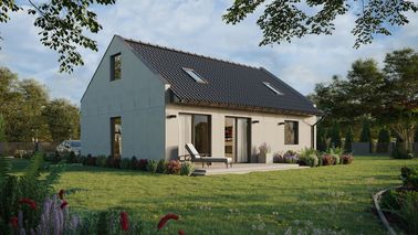 Projekt ERDOL 1 XL - Wersja prawa (salon po prawej stronie) - Dwuspadowy nowoczesny z poddaszem użytkowym – kąt nachylenia 35 stopni - Klatka schodowa - Dwa okna dachowe pokojowe - Okno balkonowe w jadalni - Bez styropianu, siatki i kleju - Antracyt - Bez instalacji fotowoltaicznej