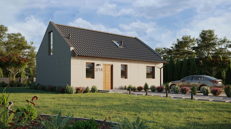 Projekt ERDOL 1 XL - Wersja prawa (salon po prawej stronie) - Dwuspadowy nowoczesny z poddaszem użytkowym – kąt nachylenia 35 stopni - Schody w salonie - Okno dachowe pokojowe i łazienkowe - Okno balkonowe w jadalni i okna na poddaszu do podłogi - Bez styropianu, siatki i kleju - Złoty dąb - Bez instalacji fotowoltaicznej