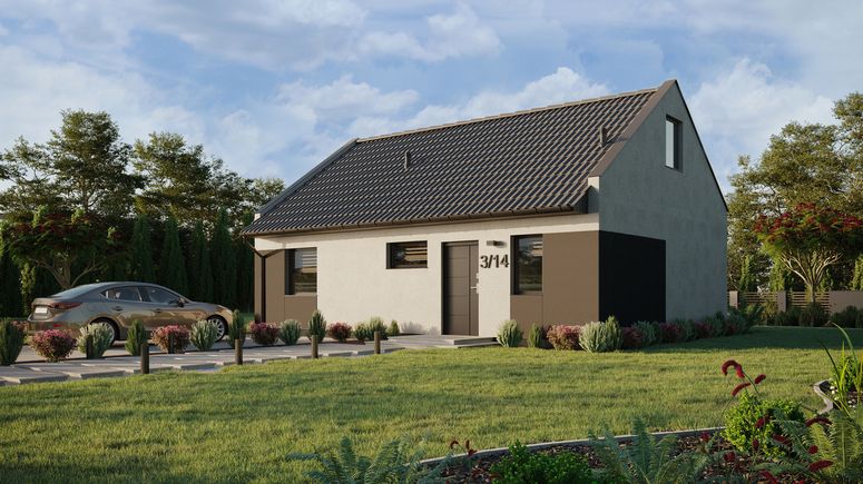 Projekt ERDOL 1 XL - Wersja lewa (salon po lewej stronie) - Dwuspadowy nowoczesny z poddaszem użytkowym – kąt nachylenia 35 stopni - Klatka schodowa - Bez okien/świetlików dachowych - Okna standardowe - Styropian, siatka i klej - Antracyt - Bez instalacji fotowoltaicznej