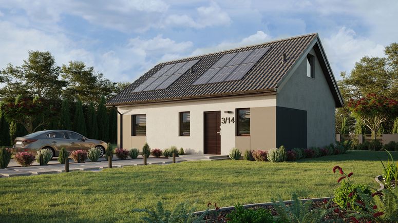 Projekt ERDOL 1 XL - Wersja lewa (salon po lewej stronie) - Dwuspadowy z poddaszem użytkowym – kąt nachylenia 35 stopni - Schody w salonie - Dwa okna dachowe pokojowe - Okna standardowe - Styropian, siatka i klej - Orzech - Instalacja fotowoltaiczna 4,8 kWp (12 paneli)