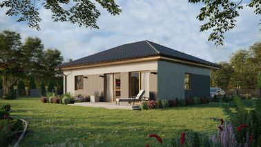 Projekt ERDOL 1 XL - Wersja lewa (salon po lewej stronie) - Czterospadowy bez poddasza użytkowego – kąt nachylenia 25 stopni - Bez okien/świetlików dachowych - Okna standardowe - Styropian, siatka i klej - Winchester