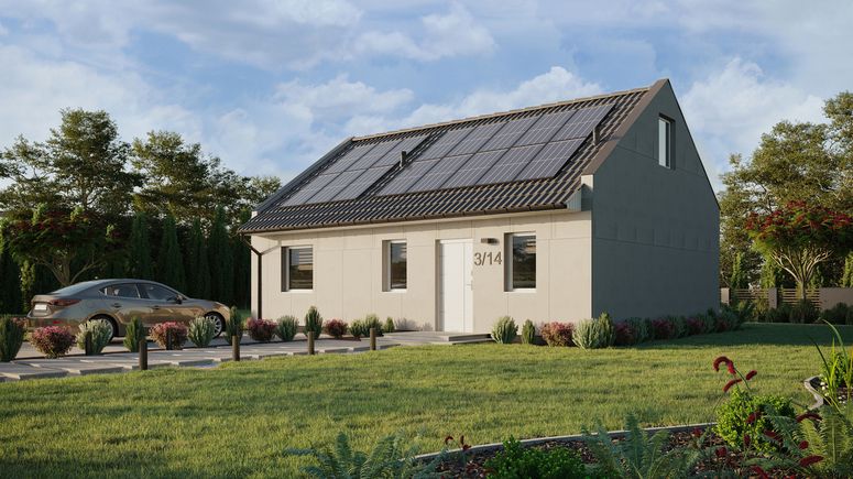 Projekt ERDOL 1 XL - Wersja lewa (salon po lewej stronie) - Dwuspadowy nowoczesny z poddaszem użytkowym – kąt nachylenia 35 stopni - Schody w salonie - Bez okien/świetlików dachowych - Okno balkonowe w jadalni - Bez styropianu, siatki i kleju - Biały - Instalacja fotowoltaiczna 6,4 kWp (16 paneli)