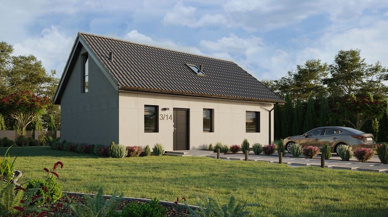 Projekt ERDOL 1 XL - Wersja prawa (salon po prawej stronie) - Dwuspadowy z poddaszem użytkowym – kąt nachylenia 35 stopni - Schody w salonie - Okno dachowe pokojowe i łazienkowe - Okna na poddaszu do podłogi - Bez styropianu, siatki i kleju - Antracyt - Bez instalacji fotowoltaicznej