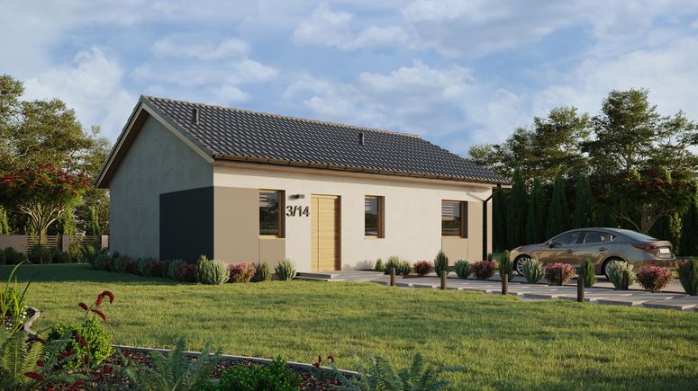 Projekt ERDOL 1 XL - Wersja prawa (salon po prawej stronie) - Dwuspadowy bez poddasza użytkowego – kąt nachylenia 25 stopni - Bez okien/świetlików dachowych - Okna standardowe - Styropian, siatka i klej - Winchester - Bez instalacji fotowoltaicznej