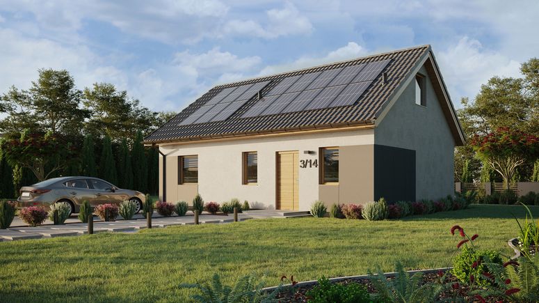 Projekt ERDOL 1 XL - Wersja lewa (salon po lewej stronie) - Dwuspadowy z poddaszem użytkowym – kąt nachylenia 35 stopni - Schody w salonie - Bez okien/świetlików dachowych - Okno balkonowe w jadalni - Styropian, siatka i klej - Winchester - Instalacja fotowoltaiczna 6,4 kWp (16 paneli)