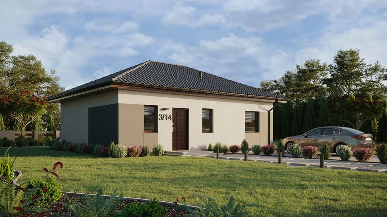 Projekt ERDOL 1 XL - Wersja prawa (salon po prawej stronie) - Czterospadowy bez poddasza użytkowego – kąt nachylenia 25 stopni - Bez okien/świetlików dachowych - Okna standardowe - Styropian, siatka i klej - Orzech