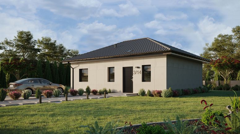 Projekt ERDOL 1 XL - Wersja lewa (salon po lewej stronie) - Czterospadowy bez poddasza użytkowego – kąt nachylenia 25 stopni - Świetlik dachowy - Okna standardowe - Bez styropianu, siatki i kleju - Antracyt