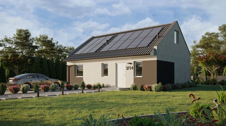 Projekt ERDOL 1 XL - Wersja lewa (salon po lewej stronie) - Dwuspadowy nowoczesny z poddaszem użytkowym – kąt nachylenia 35 stopni - Schody w salonie - Bez okien/świetlików dachowych - Okna standardowe - Styropian, siatka i klej - Biały - Instalacja fotowoltaiczna 6,4 kWp (16 paneli)