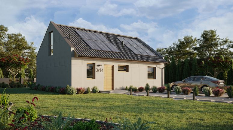 Projekt ERDOL 1 XL - Wersja prawa (salon po prawej stronie) - Dwuspadowy nowoczesny z poddaszem użytkowym – kąt nachylenia 35 stopni - Klatka schodowa - Okno dachowe pokojowe i łazienkowe - Okna na poddaszu do podłogi - Bez styropianu, siatki i kleju - Winchester - Instalacja fotowoltaiczna 4,8 kWp (12 paneli)