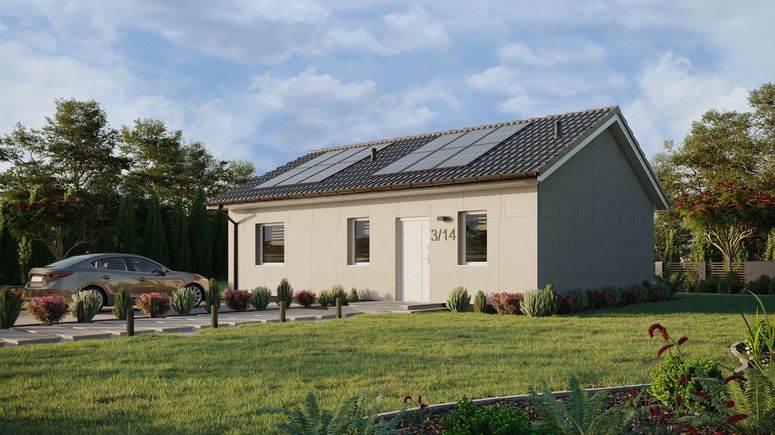 Projekt ERDOL 1 XL - Wersja lewa (salon po lewej stronie) - Dwuspadowy bez poddasza użytkowego – kąt nachylenia 25 stopni - Bez okien/świetlików dachowych - Okna standardowe - Bez styropianu, siatki i kleju - Biały - Instalacja fotowoltaiczna 4,8 kWp (12 paneli)