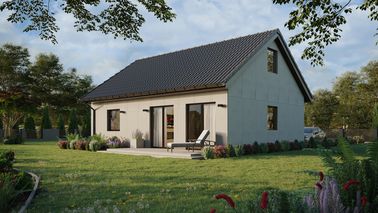 Projekt ERDOL 1 XL - Wersja lewa (salon po lewej stronie) - Dwuspadowy z poddaszem użytkowym – kąt nachylenia 35 stopni - Schody w salonie - Bez okien/świetlików dachowych - Okna standardowe - Bez styropianu, siatki i kleju - Orzech - Bez instalacji fotowoltaicznej