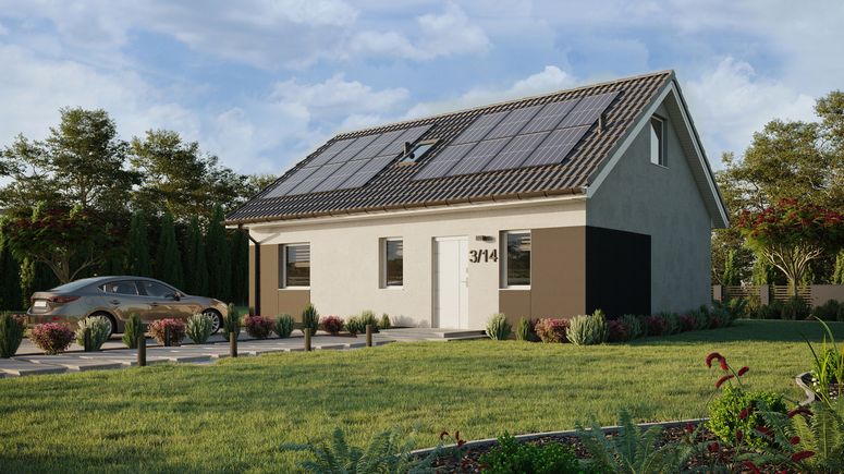 Projekt ERDOL 1 XL - Wersja lewa (salon po lewej stronie) - Dwuspadowy z poddaszem użytkowym – kąt nachylenia 35 stopni - Schody w salonie - Okno dachowe pokojowe i łazienkowe - Okna standardowe - Styropian, siatka i klej - Biały - Instalacja fotowoltaiczna 6,4 kWp (16 paneli)