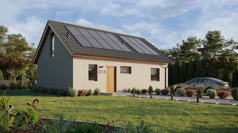 Projekt ERDOL 1 XL - Wersja prawa (salon po prawej stronie) - Dwuspadowy z poddaszem użytkowym – kąt nachylenia 35 stopni - Klatka schodowa - Bez okien/świetlików dachowych - Okna na poddaszu do podłogi - Bez styropianu, siatki i kleju - Złoty dąb - Instalacja fotowoltaiczna 6,4 kWp (16 paneli)