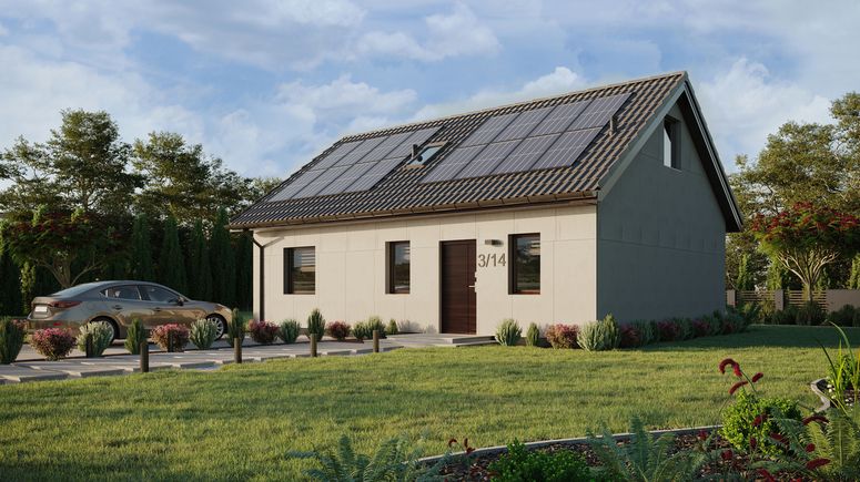 Projekt ERDOL 1 XL - Wersja lewa (salon po lewej stronie) - Dwuspadowy z poddaszem użytkowym – kąt nachylenia 35 stopni - Schody w salonie - Okno dachowe pokojowe i łazienkowe - Okna standardowe - Bez styropianu, siatki i kleju - Orzech - Instalacja fotowoltaiczna 6,4 kWp (16 paneli)