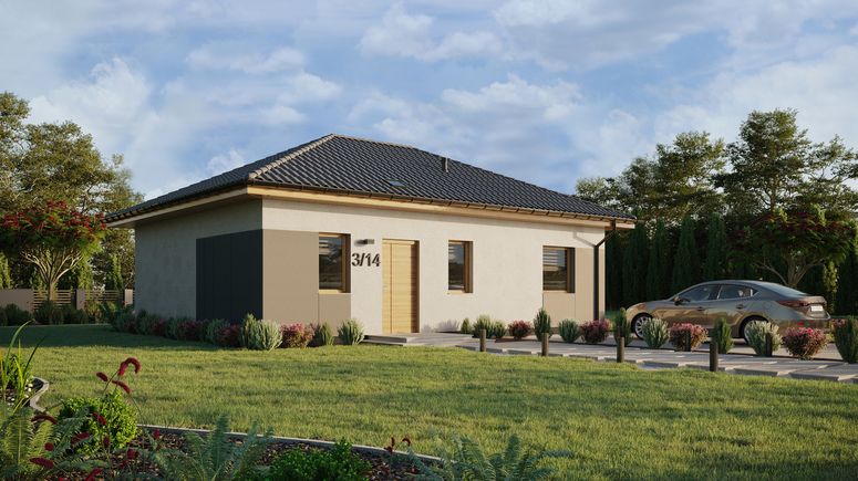 Projekt ERDOL 1 XL - Wersja prawa (salon po prawej stronie) - Czterospadowy bez poddasza użytkowego – kąt nachylenia 25 stopni - Świetlik dachowy - Okna standardowe - Styropian, siatka i klej - Winchester