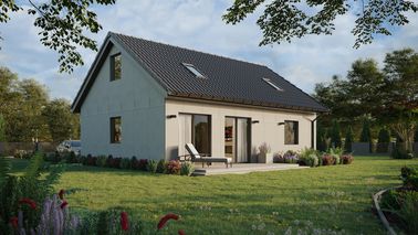 Projekt ERDOL 1 XL - Wersja prawa (salon po prawej stronie) - Dwuspadowy z poddaszem użytkowym – kąt nachylenia 35 stopni - Schody w salonie - Dwa okna dachowe pokojowe - Okna standardowe - Bez styropianu, siatki i kleju - Antracyt - Bez instalacji fotowoltaicznej