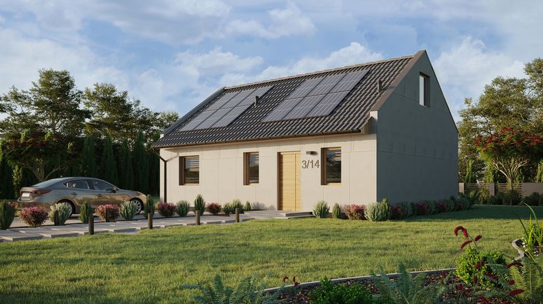 Projekt ERDOL 1 XL - Wersja lewa (salon po lewej stronie) - Dwuspadowy nowoczesny z poddaszem użytkowym – kąt nachylenia 35 stopni - Schody w salonie - Bez okien/świetlików dachowych - Okna standardowe - Bez styropianu, siatki i kleju - Winchester - Instalacja fotowoltaiczna 4,8 kWp (12 paneli)