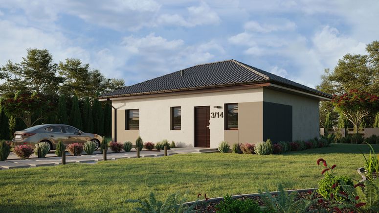 Projekt ERDOL 1 XL - Wersja lewa (salon po lewej stronie) - Czterospadowy bez poddasza użytkowego – kąt nachylenia 25 stopni - Bez okien/świetlików dachowych - Okna standardowe - Styropian, siatka i klej - Orzech