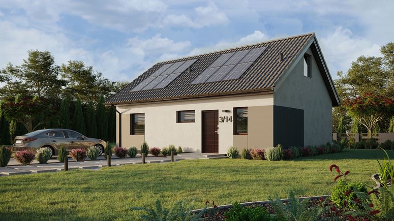 Projekt ERDOL 1 XL - Wersja lewa (salon po lewej stronie) - Dwuspadowy z poddaszem użytkowym – kąt nachylenia 35 stopni - Klatka schodowa - Bez okien/świetlików dachowych - Okno balkonowe w jadalni - Styropian, siatka i klej - Orzech - Instalacja fotowoltaiczna 4,8 kWp (12 paneli)