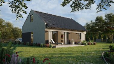 Projekt ERDOL 1 XL - Wersja prawa (salon po prawej stronie) - Dwuspadowy nowoczesny z poddaszem użytkowym – kąt nachylenia 35 stopni - Schody w salonie - Bez okien/świetlików dachowych - Okno balkonowe w jadalni - Styropian, siatka i klej - Antracyt - Bez instalacji fotowoltaicznej