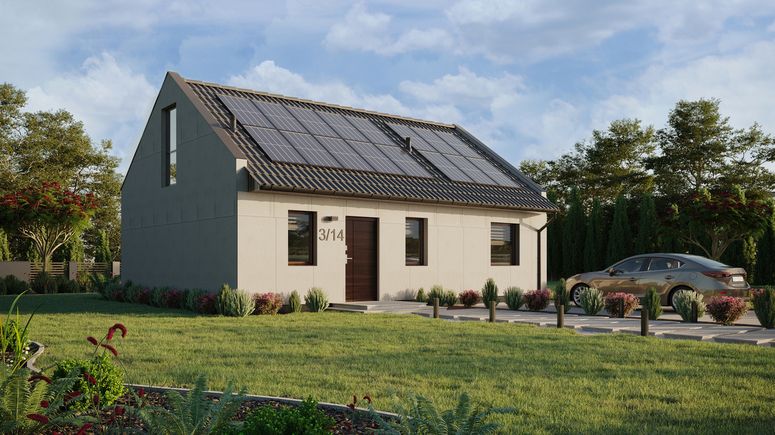 Projekt ERDOL 1 XL - Wersja prawa (salon po prawej stronie) - Dwuspadowy nowoczesny z poddaszem użytkowym – kąt nachylenia 35 stopni - Schody w salonie - Dwa okna dachowe pokojowe - Okna na poddaszu do podłogi - Bez styropianu, siatki i kleju - Orzech - Instalacja fotowoltaiczna 6,4 kWp (16 paneli)