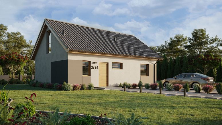 Projekt ERDOL 1 XL - Wersja prawa (salon po prawej stronie) - Dwuspadowy z poddaszem użytkowym – kąt nachylenia 35 stopni - Klatka schodowa - Bez okien/świetlików dachowych - Okna na poddaszu do podłogi - Styropian, siatka i klej - Winchester - Bez instalacji fotowoltaicznej