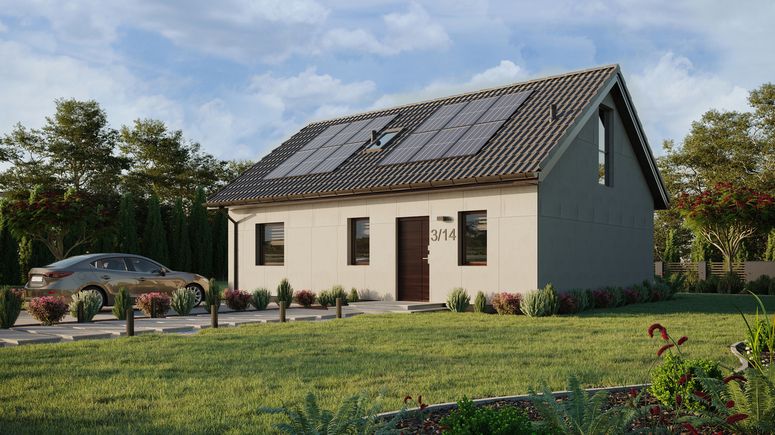 Projekt ERDOL 1 XL - Wersja lewa (salon po lewej stronie) - Dwuspadowy z poddaszem użytkowym – kąt nachylenia 35 stopni - Schody w salonie - Okno dachowe pokojowe i łazienkowe - Okno balkonowe w jadalni i okna na poddaszu do podłogi - Bez styropianu, siatki i kleju - Orzech - Instalacja fotowoltaiczna 4,8 kWp (12 paneli)