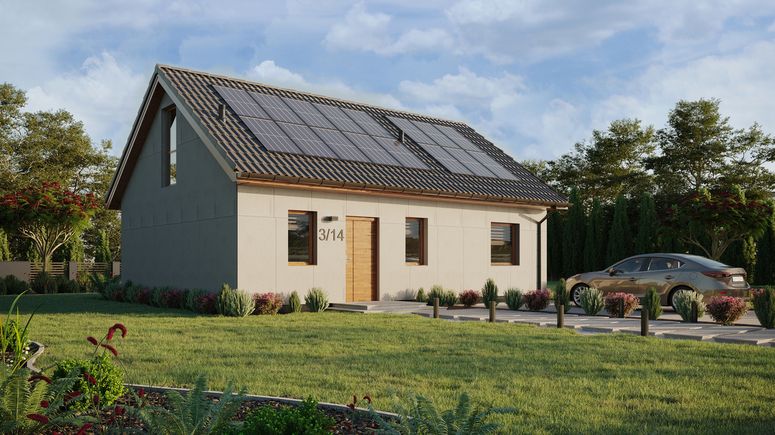 Projekt ERDOL 1 XL - Wersja prawa (salon po prawej stronie) - Dwuspadowy z poddaszem użytkowym – kąt nachylenia 35 stopni - Schody w salonie - Dwa okna dachowe pokojowe - Okna na poddaszu do podłogi - Bez styropianu, siatki i kleju - Złoty dąb - Instalacja fotowoltaiczna 6,4 kWp (16 paneli)