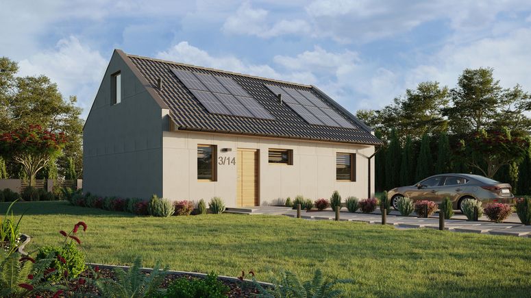 Projekt ERDOL 1 XL - Wersja prawa (salon po prawej stronie) - Dwuspadowy nowoczesny z poddaszem użytkowym – kąt nachylenia 35 stopni - Klatka schodowa - Bez okien/świetlików dachowych - Okna standardowe - Bez styropianu, siatki i kleju - Winchester - Instalacja fotowoltaiczna 4,8 kWp (12 paneli)