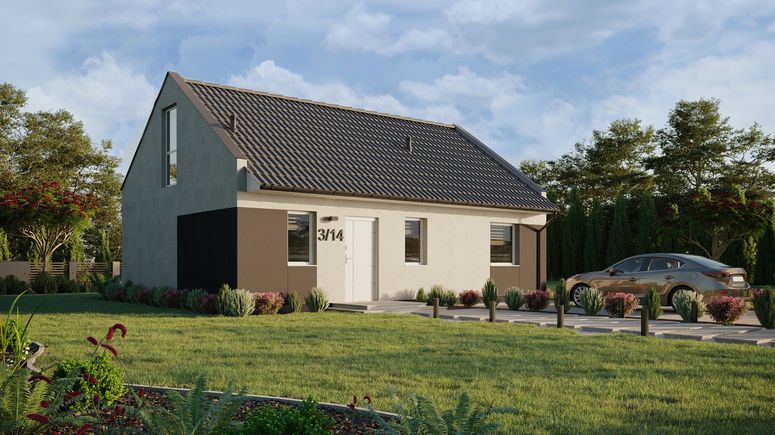 Projekt ERDOL 1 XL - Wersja prawa (salon po prawej stronie) - Dwuspadowy nowoczesny z poddaszem użytkowym – kąt nachylenia 35 stopni - Schody w salonie - Bez okien/świetlików dachowych - Okno balkonowe w jadalni i okna na poddaszu do podłogi - Styropian, siatka i klej - Biały - Bez instalacji fotowoltaicznej