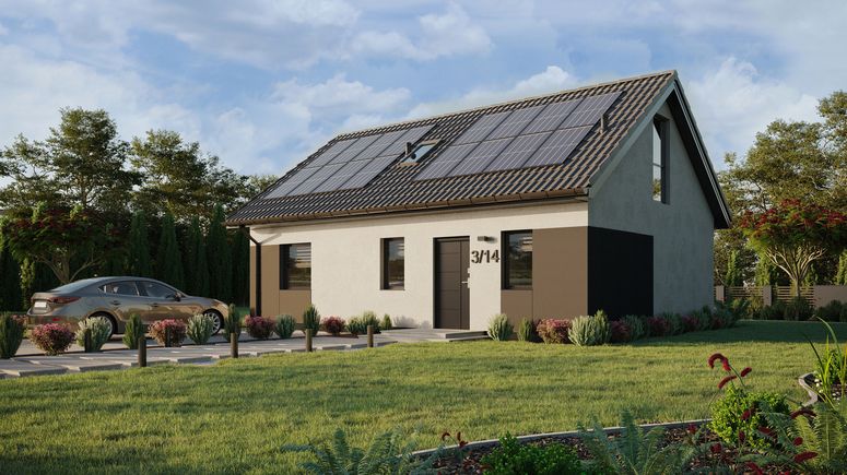 Projekt ERDOL 1 XL - Wersja lewa (salon po lewej stronie) - Dwuspadowy z poddaszem użytkowym – kąt nachylenia 35 stopni - Schody w salonie - Okno dachowe pokojowe i łazienkowe - Okna na poddaszu do podłogi - Styropian, siatka i klej - Antracyt - Instalacja fotowoltaiczna 6,4 kWp (16 paneli)