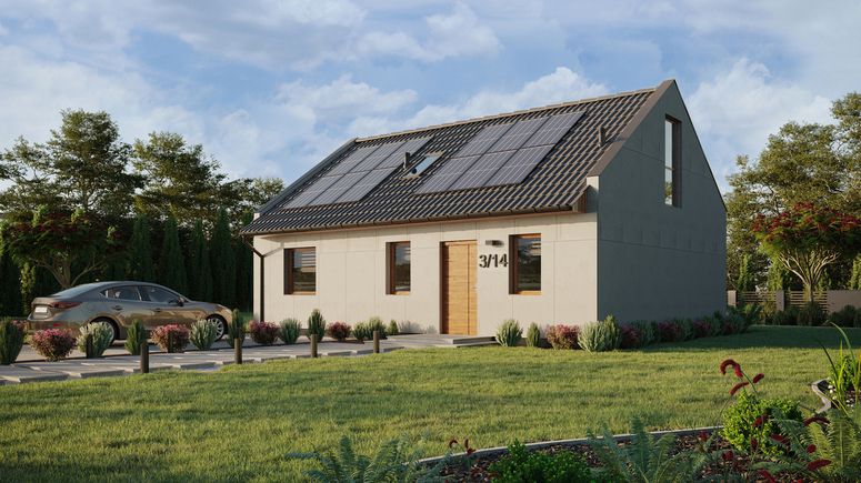 Projekt ERDOL 1 XL - Wersja lewa (salon po lewej stronie) - Dwuspadowy nowoczesny z poddaszem użytkowym – kąt nachylenia 35 stopni - Schody w salonie - Okno dachowe pokojowe i łazienkowe - Okno balkonowe w jadalni i okna na poddaszu do podłogi - Bez styropianu, siatki i kleju - Złoty dąb - Instalacja fotowoltaiczna 4,8 kWp (12 paneli)