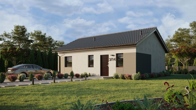 Projekt ERDOL 1 XL - Wersja lewa (salon po lewej stronie) - Dwuspadowy bez poddasza użytkowego – kąt nachylenia 25 stopni - Bez okien/świetlików dachowych - Okna standardowe - Styropian, siatka i klej - Orzech - Bez instalacji fotowoltaicznej