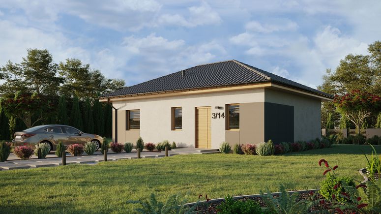 Projekt ERDOL 1 XL - Wersja lewa (salon po lewej stronie) - Czterospadowy bez poddasza użytkowego – kąt nachylenia 25 stopni - Bez okien/świetlików dachowych - Okna standardowe - Styropian, siatka i klej - Winchester