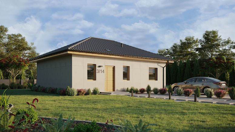 Projekt ERDOL 1 XL - Wersja prawa (salon po prawej stronie) - Czterospadowy bez poddasza użytkowego – kąt nachylenia 25 stopni - Świetlik dachowy - Okna standardowe - Bez styropianu, siatki i kleju - Winchester