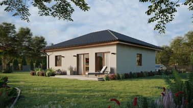 Projekt ERDOL 1 XL - Wersja lewa (salon po lewej stronie) - Czterospadowy bez poddasza użytkowego – kąt nachylenia 25 stopni - Bez okien/świetlików dachowych - Okna standardowe - Bez styropianu, siatki i kleju - Złoty dąb