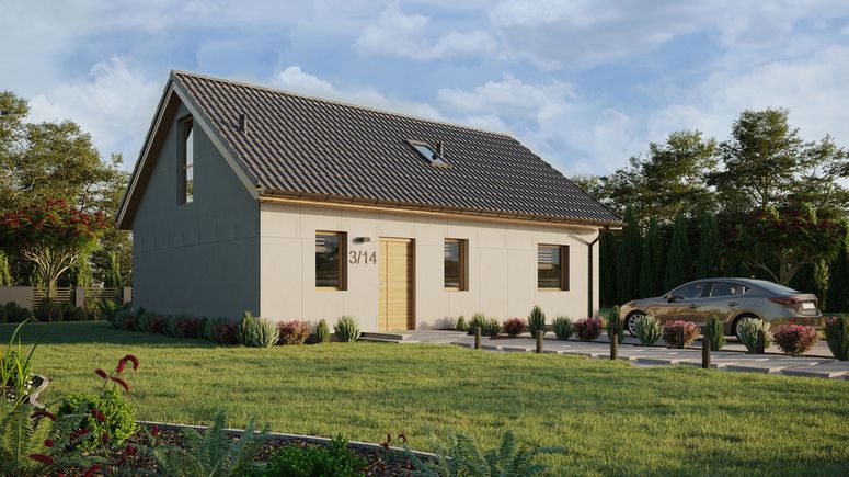 Projekt ERDOL 1 XL - Wersja prawa (salon po prawej stronie) - Dwuspadowy z poddaszem użytkowym – kąt nachylenia 35 stopni - Schody w salonie - Okno dachowe pokojowe i łazienkowe - Okno balkonowe w jadalni i okna na poddaszu do podłogi - Bez styropianu, siatki i kleju - Winchester - Bez instalacji fotowoltaicznej