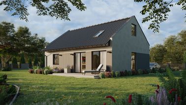 Projekt ERDOL 1 XL - Wersja lewa (salon po lewej stronie) - Dwuspadowy nowoczesny z poddaszem użytkowym – kąt nachylenia 35 stopni - Klatka schodowa - Okno dachowe pokojowe i łazienkowe - Okno balkonowe w jadalni - Styropian, siatka i klej - Orzech - Bez instalacji fotowoltaicznej