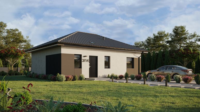 Projekt ERDOL 1 XL - Wersja prawa (salon po prawej stronie) - Czterospadowy bez poddasza użytkowego – kąt nachylenia 25 stopni - Świetlik dachowy - Okna standardowe - Styropian, siatka i klej - Antracyt