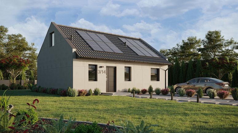 Projekt ERDOL 1 XL - Wersja prawa (salon po prawej stronie) - Dwuspadowy nowoczesny z poddaszem użytkowym – kąt nachylenia 35 stopni - Schody w salonie - Bez okien/świetlików dachowych - Okna standardowe - Bez styropianu, siatki i kleju - Antracyt - Instalacja fotowoltaiczna 4,8 kWp (12 paneli)