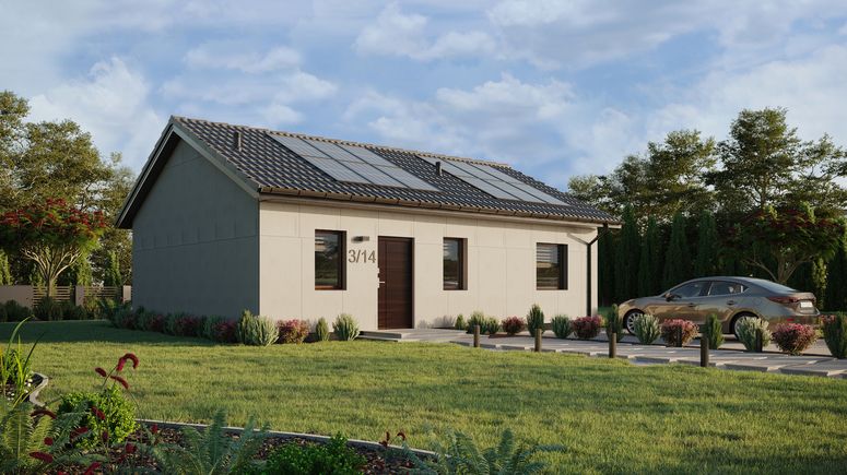 Projekt ERDOL 1 XL - Wersja prawa (salon po prawej stronie) - Dwuspadowy bez poddasza użytkowego – kąt nachylenia 25 stopni - Bez okien/świetlików dachowych - Okna standardowe - Bez styropianu, siatki i kleju - Orzech - Instalacja fotowoltaiczna 4,8 kWp (12 paneli)