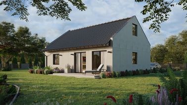 Projekt ERDOL 1 XL - Wersja lewa (salon po lewej stronie) - Dwuspadowy nowoczesny z poddaszem użytkowym – kąt nachylenia 35 stopni - Schody w salonie - Bez okien/świetlików dachowych - Okna standardowe - Bez styropianu, siatki i kleju - Orzech - Bez instalacji fotowoltaicznej