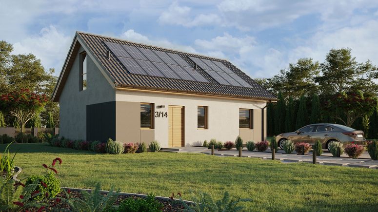 Projekt ERDOL 1 XL - Wersja prawa (salon po prawej stronie) - Dwuspadowy z poddaszem użytkowym – kąt nachylenia 35 stopni - Schody w salonie - Bez okien/świetlików dachowych - Okno balkonowe w jadalni i okna na poddaszu do podłogi - Styropian, siatka i klej - Winchester - Instalacja fotowoltaiczna 6,4 kWp (16 paneli)