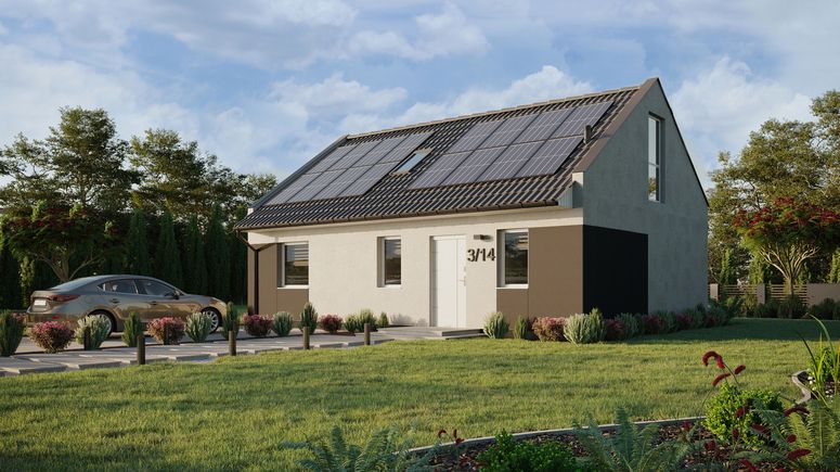 Projekt ERDOL 1 XL - Wersja lewa (salon po lewej stronie) - Dwuspadowy nowoczesny z poddaszem użytkowym – kąt nachylenia 35 stopni - Schody w salonie - Okno dachowe pokojowe i łazienkowe - Okno balkonowe w jadalni i okna na poddaszu do podłogi - Styropian, siatka i klej - Biały - Instalacja fotowoltaiczna 6,4 kWp (16 paneli)