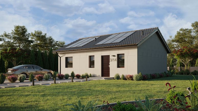 Projekt ERDOL 1 XL - Wersja lewa (salon po lewej stronie) - Dwuspadowy bez poddasza użytkowego – kąt nachylenia 25 stopni - Świetlik dachowy - Okna standardowe - Bez styropianu, siatki i kleju - Orzech - Instalacja fotowoltaiczna 4,8 kWp (12 paneli)