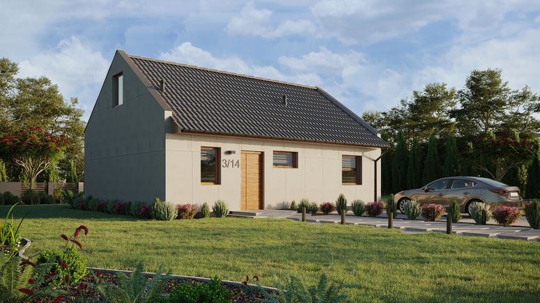 Projekt ERDOL 1 XL - Wersja prawa (salon po prawej stronie) - Dwuspadowy nowoczesny z poddaszem użytkowym – kąt nachylenia 35 stopni - Klatka schodowa - Bez okien/świetlików dachowych - Okna standardowe - Bez styropianu, siatki i kleju - Złoty dąb - Bez instalacji fotowoltaicznej