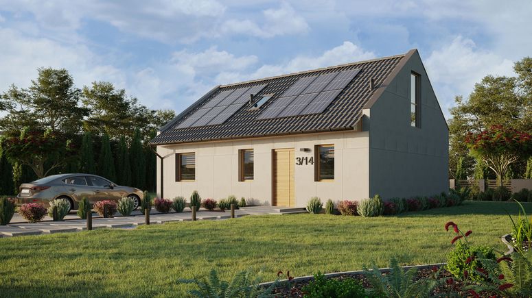 Projekt ERDOL 1 XL - Wersja lewa (salon po lewej stronie) - Dwuspadowy nowoczesny z poddaszem użytkowym – kąt nachylenia 35 stopni - Schody w salonie - Okno dachowe pokojowe i łazienkowe - Okno balkonowe w jadalni i okna na poddaszu do podłogi - Bez styropianu, siatki i kleju - Winchester - Instalacja fotowoltaiczna 4,8 kWp (12 paneli)