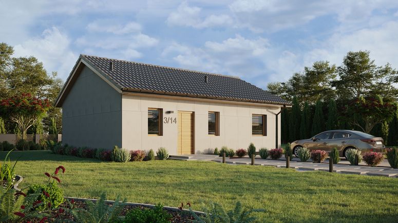 Projekt ERDOL 1 XL - Wersja prawa (salon po prawej stronie) - Dwuspadowy bez poddasza użytkowego – kąt nachylenia 25 stopni - Bez okien/świetlików dachowych - Okna standardowe - Bez styropianu, siatki i kleju - Winchester - Bez instalacji fotowoltaicznej